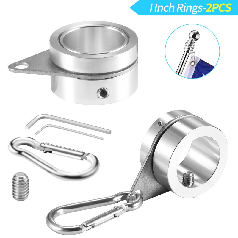 BONWIN Flag Pole Rings  1"" Spinning Flagpole Ring Clips  2 Pcs Aluminum Alloy & Steel 360 Rotating Anti Wrap Flag Mounting Rings with Snap Carabiners for 0.75-1.02 Inch Diamete Flagpole (F1  Silver) - Image 2